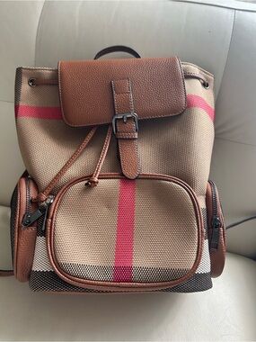 Brown Canvas and Leather Backpack with Pink Stripe